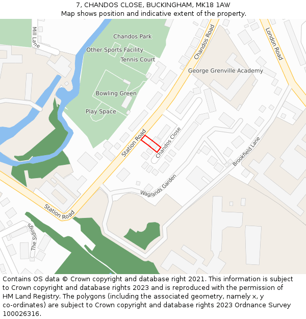 7, CHANDOS CLOSE, BUCKINGHAM, MK18 1AW: Location map and indicative extent of plot