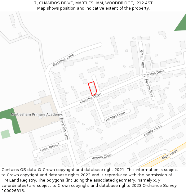 7, CHANDOS DRIVE, MARTLESHAM, WOODBRIDGE, IP12 4ST: Location map and indicative extent of plot