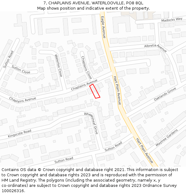 7, CHAPLAINS AVENUE, WATERLOOVILLE, PO8 8QL: Location map and indicative extent of plot