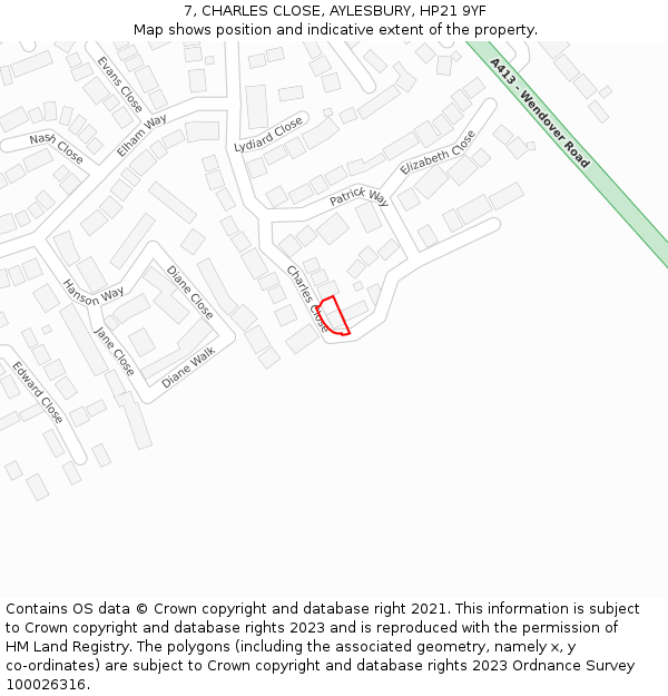 7, CHARLES CLOSE, AYLESBURY, HP21 9YF: Location map and indicative extent of plot