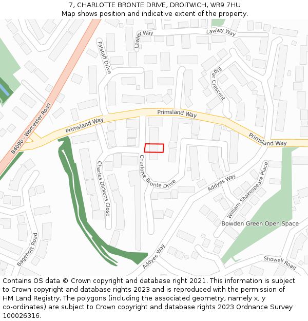 7, CHARLOTTE BRONTE DRIVE, DROITWICH, WR9 7HU: Location map and indicative extent of plot