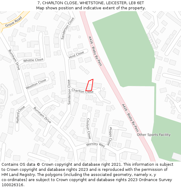7, CHARLTON CLOSE, WHETSTONE, LEICESTER, LE8 6ET: Location map and indicative extent of plot