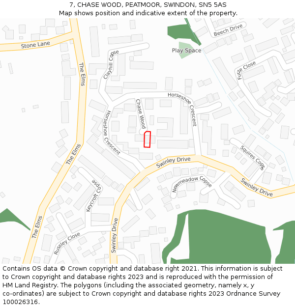 7, CHASE WOOD, PEATMOOR, SWINDON, SN5 5AS: Location map and indicative extent of plot