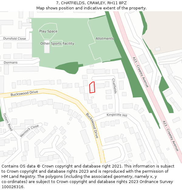 7, CHATFIELDS, CRAWLEY, RH11 8PZ: Location map and indicative extent of plot