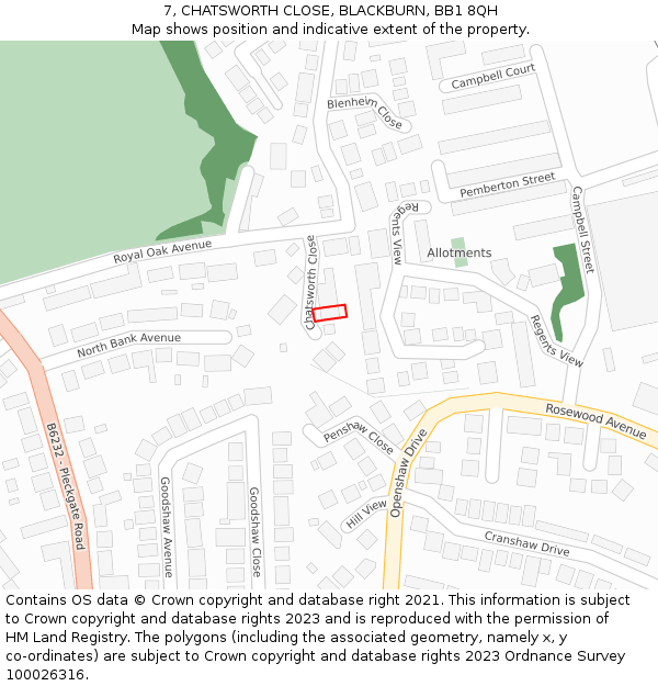 7, CHATSWORTH CLOSE, BLACKBURN, BB1 8QH: Location map and indicative extent of plot