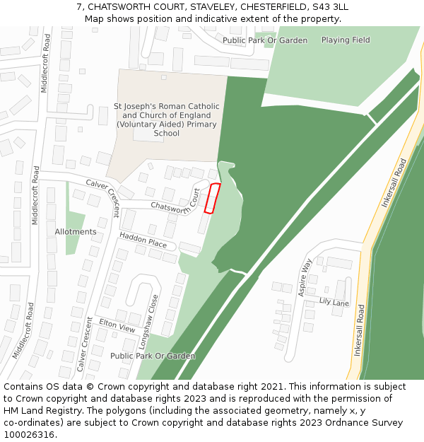 7, CHATSWORTH COURT, STAVELEY, CHESTERFIELD, S43 3LL: Location map and indicative extent of plot