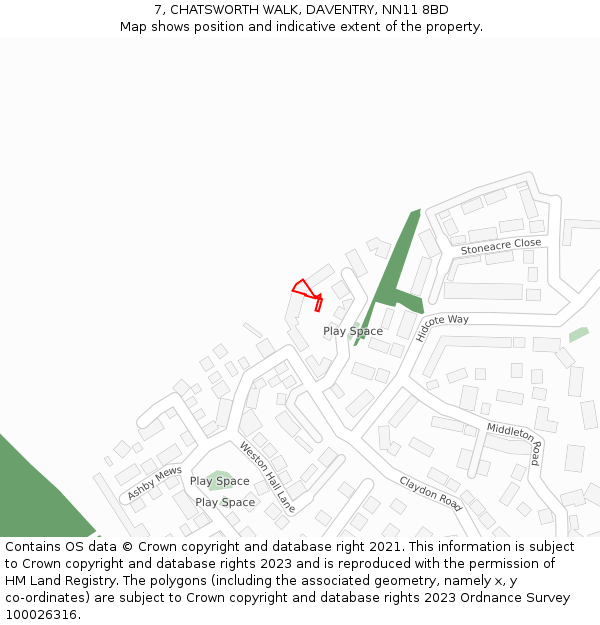 7, CHATSWORTH WALK, DAVENTRY, NN11 8BD: Location map and indicative extent of plot