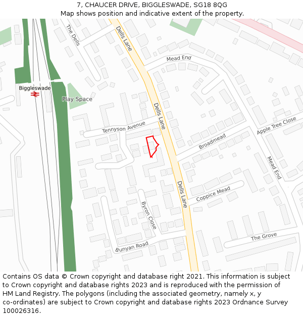 7, CHAUCER DRIVE, BIGGLESWADE, SG18 8QG: Location map and indicative extent of plot