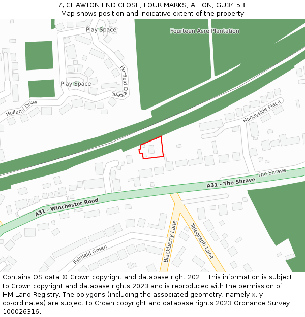 7, CHAWTON END CLOSE, FOUR MARKS, ALTON, GU34 5BF: Location map and indicative extent of plot