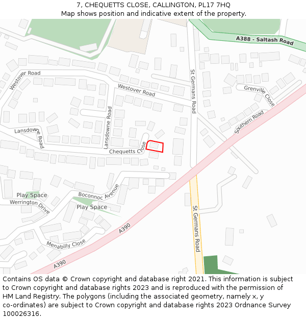 7, CHEQUETTS CLOSE, CALLINGTON, PL17 7HQ: Location map and indicative extent of plot