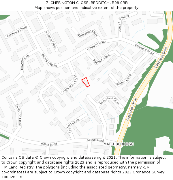 7, CHERINGTON CLOSE, REDDITCH, B98 0BB: Location map and indicative extent of plot