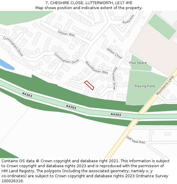 7, CHESHIRE CLOSE, LUTTERWORTH, LE17 4YE: Location map and indicative extent of plot