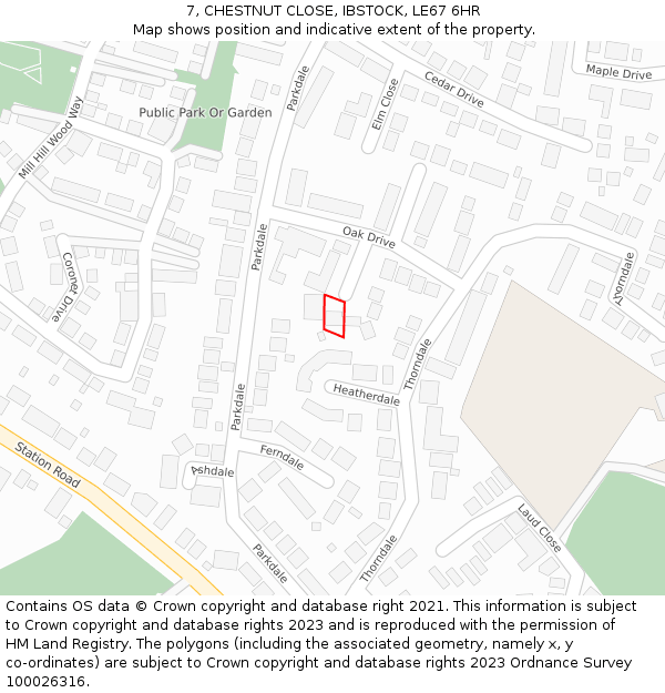 7, CHESTNUT CLOSE, IBSTOCK, LE67 6HR: Location map and indicative extent of plot