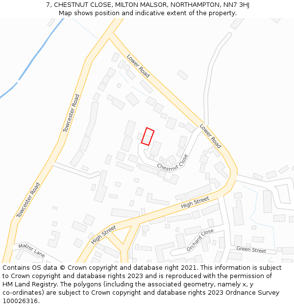 7, CHESTNUT CLOSE, MILTON MALSOR, NORTHAMPTON, NN7 3HJ: Location map and indicative extent of plot