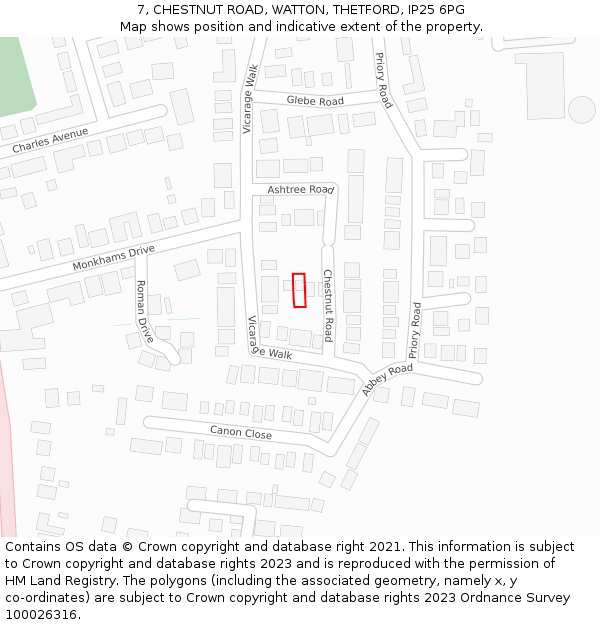 7, CHESTNUT ROAD, WATTON, THETFORD, IP25 6PG: Location map and indicative extent of plot