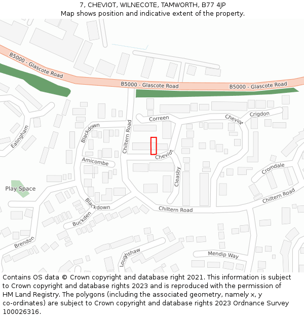 7, CHEVIOT, WILNECOTE, TAMWORTH, B77 4JP: Location map and indicative extent of plot