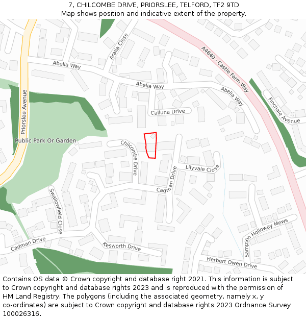 7, CHILCOMBE DRIVE, PRIORSLEE, TELFORD, TF2 9TD: Location map and indicative extent of plot