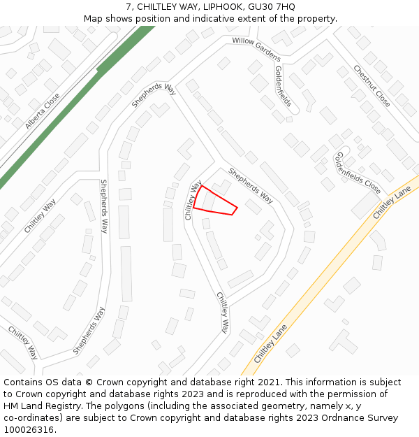 7, CHILTLEY WAY, LIPHOOK, GU30 7HQ: Location map and indicative extent of plot