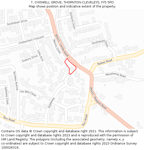 7, CHISWELL GROVE, THORNTON-CLEVELEYS, FY5 5PD: Location map and indicative extent of plot
