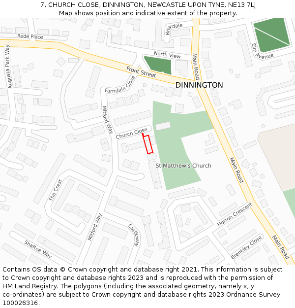 7, CHURCH CLOSE, DINNINGTON, NEWCASTLE UPON TYNE, NE13 7LJ: Location map and indicative extent of plot