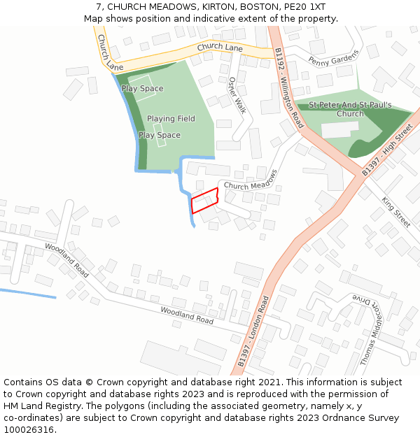 7, CHURCH MEADOWS, KIRTON, BOSTON, PE20 1XT: Location map and indicative extent of plot