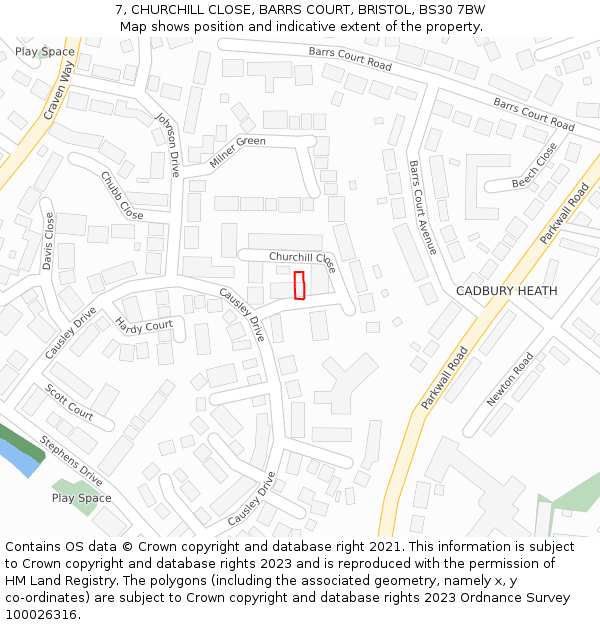 7, CHURCHILL CLOSE, BARRS COURT, BRISTOL, BS30 7BW: Location map and indicative extent of plot