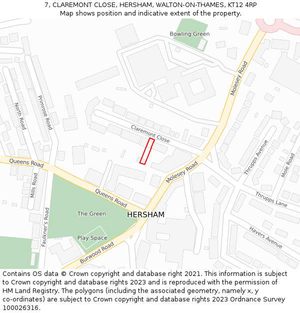 7, CLAREMONT CLOSE, HERSHAM, WALTON-ON-THAMES, KT12 4RP: Location map and indicative extent of plot