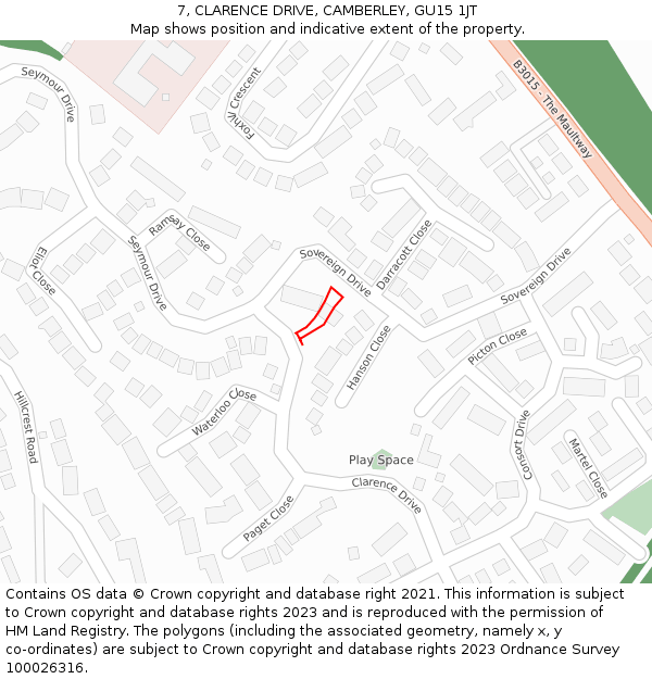 7, CLARENCE DRIVE, CAMBERLEY, GU15 1JT: Location map and indicative extent of plot