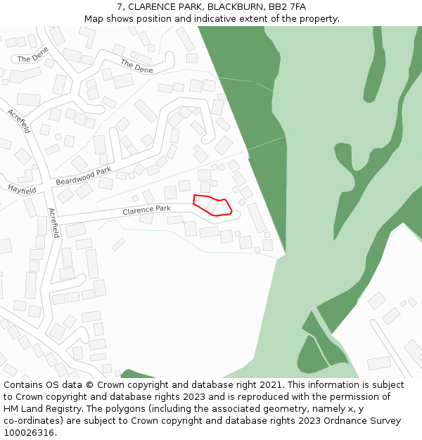 7, CLARENCE PARK, BLACKBURN, BB2 7FA: Location map and indicative extent of plot