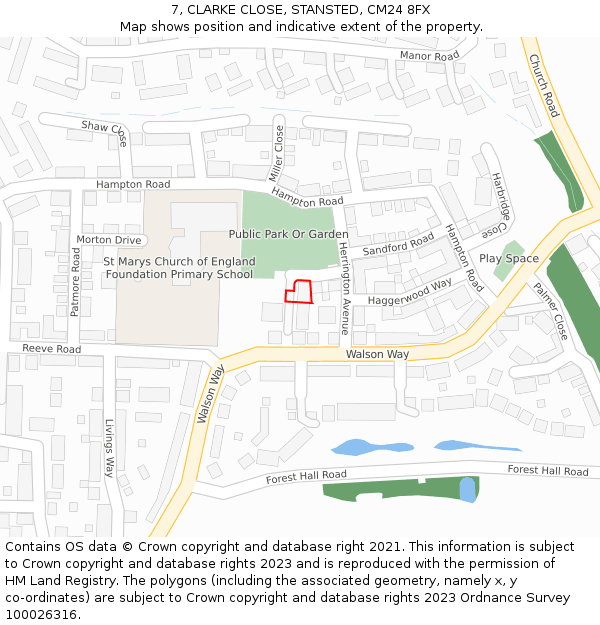 7, CLARKE CLOSE, STANSTED, CM24 8FX: Location map and indicative extent of plot