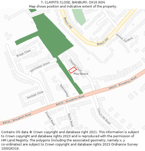 7, CLAYPITS CLOSE, BANBURY, OX16 9GN: Location map and indicative extent of plot