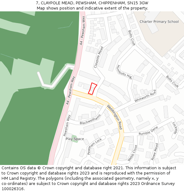 7, CLAYPOLE MEAD, PEWSHAM, CHIPPENHAM, SN15 3GW: Location map and indicative extent of plot