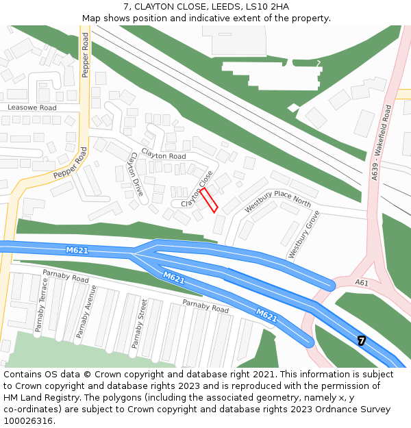 7, CLAYTON CLOSE, LEEDS, LS10 2HA: Location map and indicative extent of plot