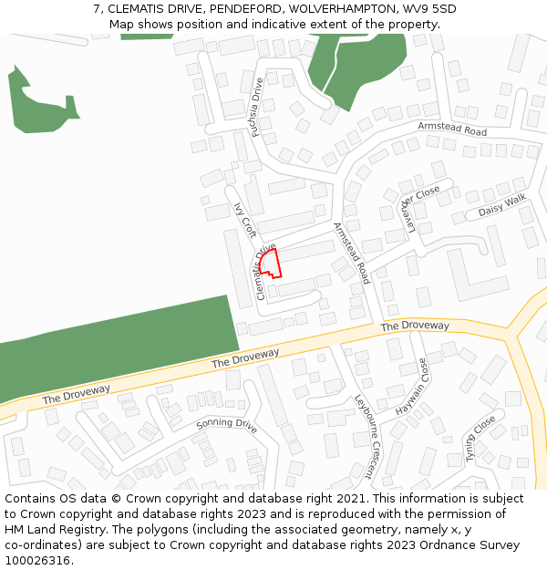 7, CLEMATIS DRIVE, PENDEFORD, WOLVERHAMPTON, WV9 5SD: Location map and indicative extent of plot