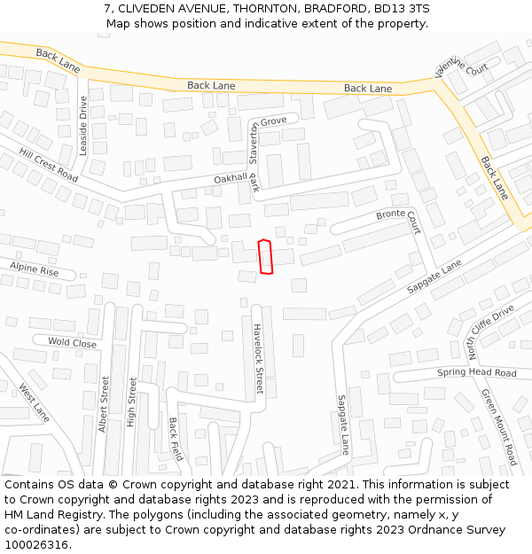 7, CLIVEDEN AVENUE, THORNTON, BRADFORD, BD13 3TS: Location map and indicative extent of plot