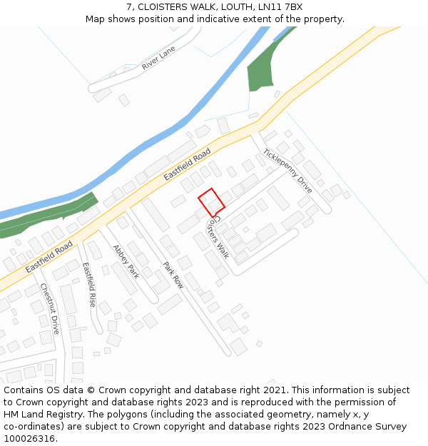 7, CLOISTERS WALK, LOUTH, LN11 7BX: Location map and indicative extent of plot