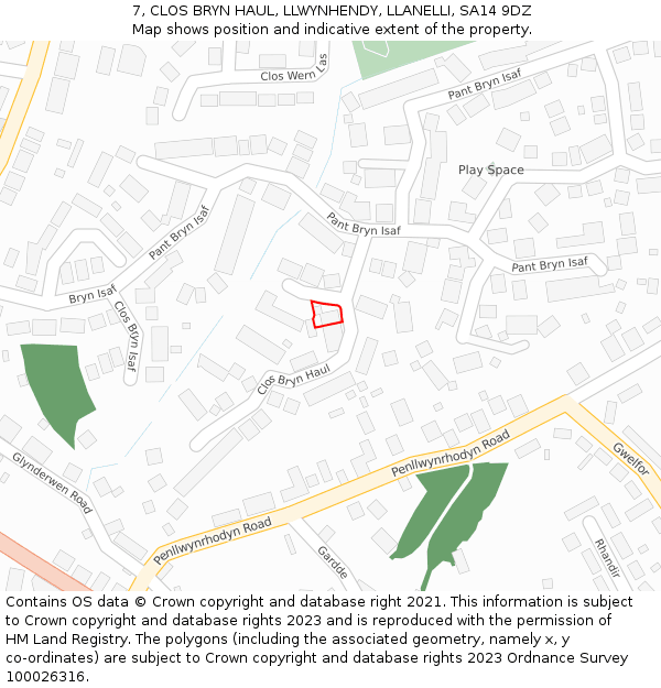 7, CLOS BRYN HAUL, LLWYNHENDY, LLANELLI, SA14 9DZ: Location map and indicative extent of plot