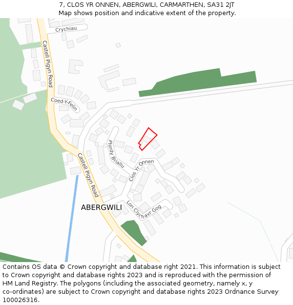 7, CLOS YR ONNEN, ABERGWILI, CARMARTHEN, SA31 2JT: Location map and indicative extent of plot