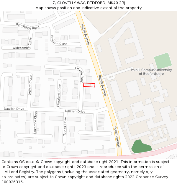 7, CLOVELLY WAY, BEDFORD, MK40 3BJ: Location map and indicative extent of plot