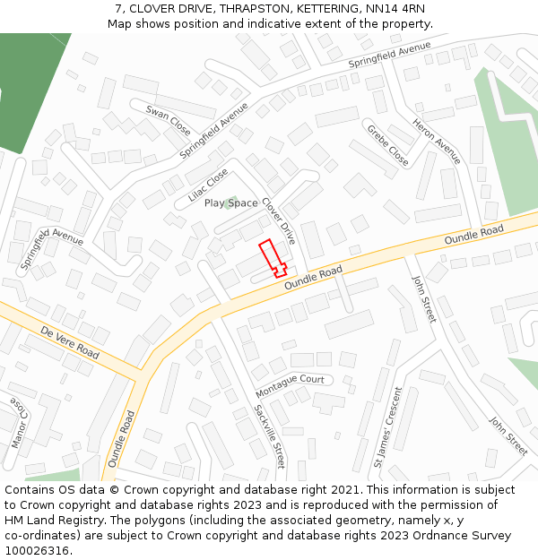 7, CLOVER DRIVE, THRAPSTON, KETTERING, NN14 4RN: Location map and indicative extent of plot