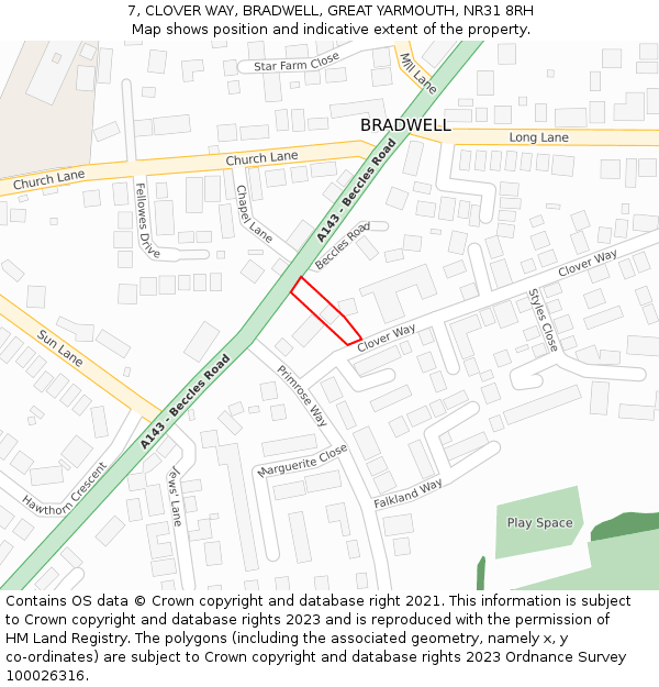 7, CLOVER WAY, BRADWELL, GREAT YARMOUTH, NR31 8RH: Location map and indicative extent of plot