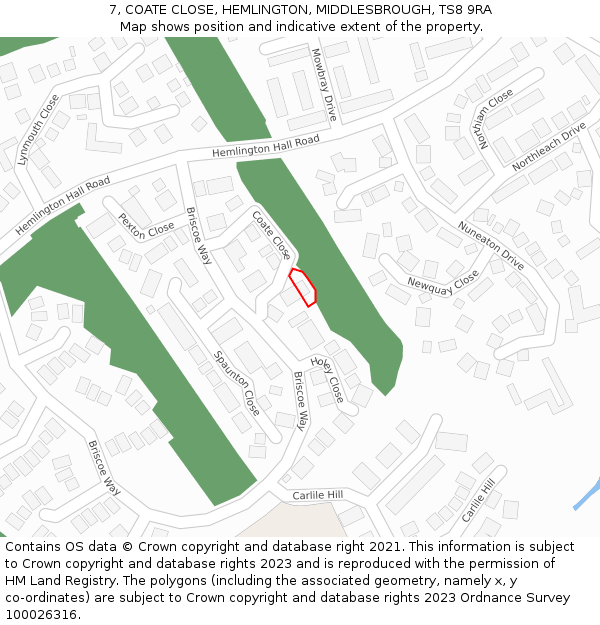 7, COATE CLOSE, HEMLINGTON, MIDDLESBROUGH, TS8 9RA: Location map and indicative extent of plot