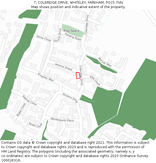 7, COLERIDGE DRIVE, WHITELEY, FAREHAM, PO15 7NN: Location map and indicative extent of plot