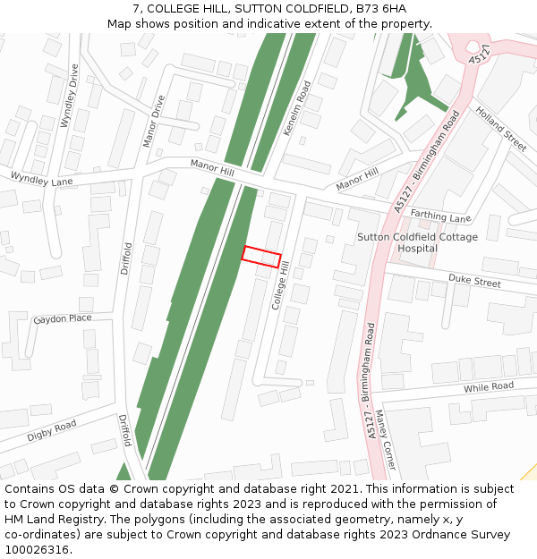 7, COLLEGE HILL, SUTTON COLDFIELD, B73 6HA: Location map and indicative extent of plot