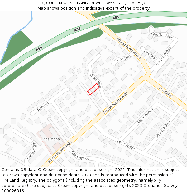 7, COLLEN WEN, LLANFAIRPWLLGWYNGYLL, LL61 5QQ: Location map and indicative extent of plot