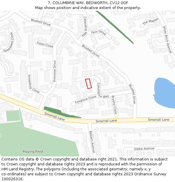 7, COLUMBINE WAY, BEDWORTH, CV12 0GF: Location map and indicative extent of plot