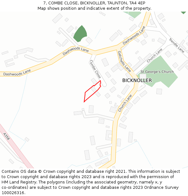 7, COMBE CLOSE, BICKNOLLER, TAUNTON, TA4 4EP: Location map and indicative extent of plot