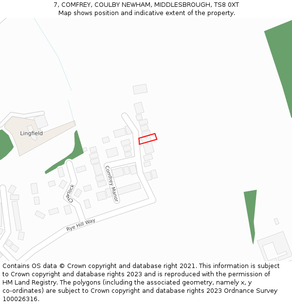 7, COMFREY, COULBY NEWHAM, MIDDLESBROUGH, TS8 0XT: Location map and indicative extent of plot