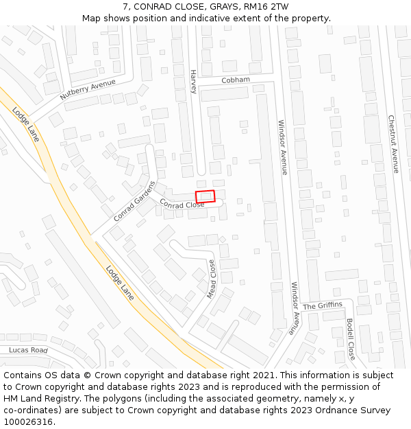 7, CONRAD CLOSE, GRAYS, RM16 2TW: Location map and indicative extent of plot