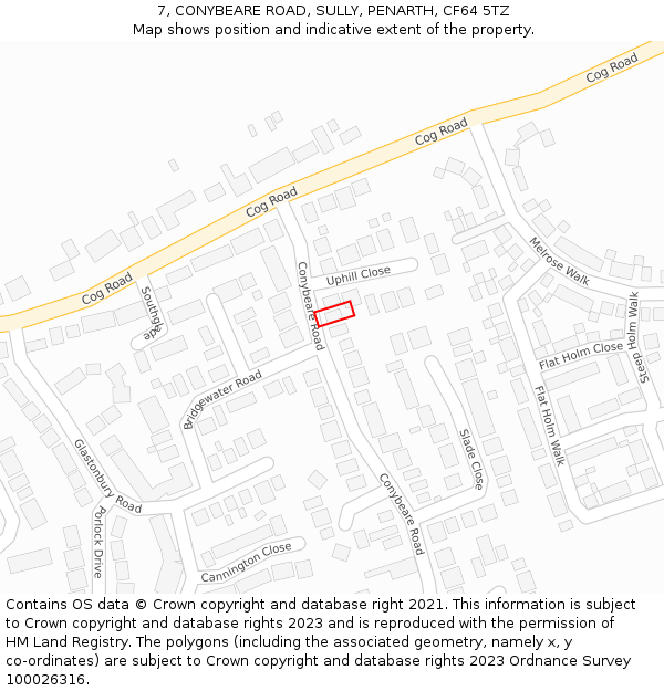 7, CONYBEARE ROAD, SULLY, PENARTH, CF64 5TZ: Location map and indicative extent of plot